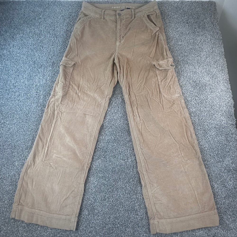 American Eagle Corduroy Cargo Pants Womens 10 Long Super High Rise Baggy Leg - Picture 2 of 9